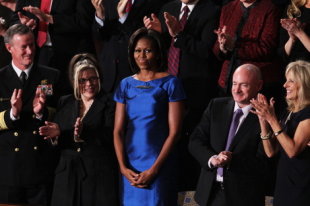 Michelle Obama wore a blue Barbara Tfank dress to the State of the Union address.