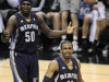 Memphis Grizzlies' Mike Conley (11) and Zach Randolph react to a call during the second half of Game 1 of the Western Conference final NBA basketball playoff series against the San Antonio Spurs, Sunday, May 19, 2013, in San Antonio. San Antonio won 105-83. (AP Photo/Darren Abate)
