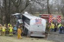 Emergency and rescue crews respond to the scene of a tour bus crash on the Pennsylvania Turnpike on Saturday, March 16, 2013 near Carlisle, Pa. Authorities say the tour bus crashed on the freeway at mile marker 227 in central Pennsylvania, and serious injuries have been reported. Lacrosse players from Seton Hill University and three coaches were among the 23 people aboard when the bus crashed at about 9 a.m., turnpike spokeswoman Renee Colborn said. It's not clear what caused the crash, but state police were investigating, said Megan Silverstram of the Cumberland County public safety department. (AP Photo/The Sentinel, Jason Malmont ) MANDATORY