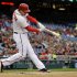 Washington Nationals' Ryan Zimmerman hits a single during the first inning of a baseball game against the Philadelphia Phillies at Nationals Park, Friday, May 24, 2013, in Washington. (AP Photo/Alex Brandon)