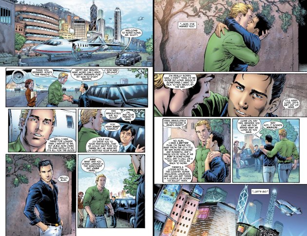 This combo made from images provided by DC Entertainment shows pages from the second issue of the company's "Earth 2" comic book series featuring Alan Scott, the alter ego of its Green Lantern charact