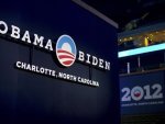 A sign for the campaign of U.S. President Barack Obama during an open house for the public to view the venue for the Democratic National Convention at Time Warner Cable arena in Charlotte