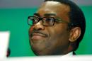 The new president of the African Development Bank Akinwumi Adesina delivers a speech on May 28, 2015 in Abidjan following his election at the AfDB annual meetings