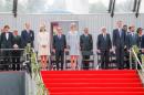Queen Mathilde of Belgium (C) stands between guests including Britain's Prince William (3L) and French President Francois Hollande (5L) at a ceremony marking the 100th anniversary of World War 1 in Liege, on August 4, 2014