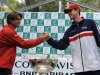 Querrey of the U.S. shake hands with Ferrer of Spain after the draw of their the Davis Cup World Group semi-final match in Gijon