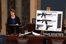 This video frame grab provided by Senate Television shows Sen. Dianne Feinstein, D-Calif. using a poster of weapons as she speaks about gun legisalation, Wednesday, April 17, 2013, on the floor of the Senate on Capitol Hill in Washington. A bipartisan effort to expand background checks was in deep trouble Wednesday as the Senate approached a long-awaited vote on the linchpin of the drive to curb gun violence. (AP Photo/Senate Television)