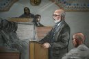 In this courtroom sketch, James "Whitey" Bulger, right, listens to his defensive attorney, J.W. Carney Jr., during closing arguments at U.S. District Court, in Boston, Monday, Aug. 5, 2013. Bulger's lawyers used their closing arguments to go after three gangsters who took the stand against the reputed Boston crime boss, portraying them as pathological liars whose testimony was bought and paid for by prosecutors. (AP Photo/Jane Flavell Collins)