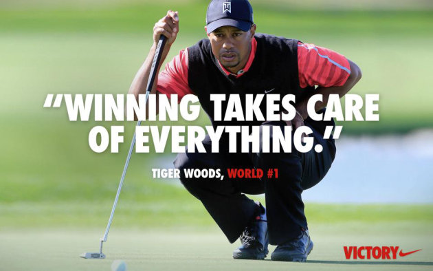 Nike is causing a social media storm with its latest online ad, seen here, showing a picture of Tiger Woods overlaid with a quote from him, “Winning takes care of everything.” Woods has used the phrase with reporters since at least 2009 when they ask him about rankings. The ad, posted on Facebook and Twitter, is supposed to allude to the fact that the golfer recovered from career stumbles to regain his world No. 1 ranking on Monday, which he lost in October 2010. But some say it's inappropriate in light of Woods' past marital woes. (AP Photo/Nike)