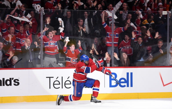 MONTREAL, QC - MAY 6: P.K. Subban #76 of the Montreal Canadiens celebrates after scoring the second goal against the Boston Bruins in the first period...
