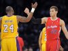 Los Angeles Lakers shooting guard Kobe Bryant (24) greets Los Angeles Clippers power forward Blake Griffin (32) before their NBA basketball game, Wednesday, Jan. 25, 2012, in Los Angeles. (AP Photo/Mark J. Terrill)