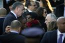 New York Mayor de Blasio his wife Chirlane and New York Police Commissioner Bratton speak before before NYPD officer Ramos' funeral at Christ Tabernacle Church to it's final resting place in the Queens borough of New York