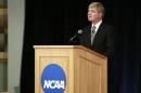 NCAA President Emmert speaks during news conference at NCAA headquarters in Indianapolis