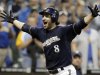 FILE - In this Sept. 13, 2011, file photo, Milwaukee Brewers' Ryan Braun reacts after hitting a game-winning home run during the 11th inning of a baseball game against the Colorado Rockies  in Milwaukee. Braun's 50-game suspension was overturned Thursday, Feb. 23, 2012,  by baseball arbitrator Shyam Das, the first time a baseball player successfully challenged a drug-related penalty in a grievance. (AP Photo/Morry Gash, File)