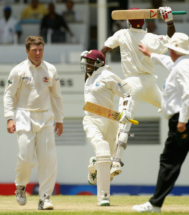 Vasbert Drakes of the West Indies celebrates the winning runs