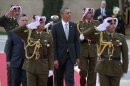 U.S. President Barack Obama participates in an official arrival ceremony with Jordan's King Abdullah II at Al-Hummar Palace, in Amman