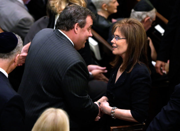 <p> New Jersey Gov. Chris Christie talks with Bonnie Englebardt Lautenberg, widow of U.S. Sen Frank Lautenberg, before her husband's funeral service in New York's Park Avenue Synagogue, Wednesday, June 5, 2013. Lautenberg, a liberal Democrat from New Jersey, died Monday after suffering complications from viral pneumonia. At 89, he was the oldest member of the Senate and the last of 115 World War II veterans to serve there. (AP Photo/Richard Drew, Pool)