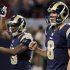 St. Louis Rams quarterback Sam Bradford, right, and Chris Givens celebrate their 31-28 victory over the Washington Redskins in an NFL football game, Sunday, Sept. 16, 2012, in St. Louis. (AP Photo/Seth Perlman)