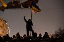 A Ukrainian demonstrator raises his fist as anti-government protesters gather at a road block in Kiev, on January 28, 2014
