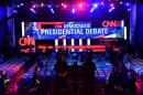 Members of the media are given a preview of the debate hall at the Wynn Hotel in Las Vegas, Nevada on October 13, 2015, hours before the first Democratic Presidential Debate