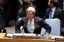 U.S. Secretary of State Kerry takes his seat moments before the U.N. Security council voted unanimously in favor of a resolution eradicating Syria's chemical arsenal during a Security Council meeting at the 68th U.N. General Assembly in New York