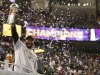 Baltimore Ravens' Lewis hoists Lombardi Trophy while celebrating victory in Super Bowl XLVII in New Orleans