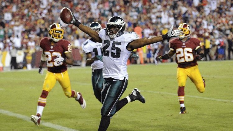 Philadelphia Eagles running back LeSean McCoy celebrates has he crosses the goal line for a touchdown during the second half of an NFL football game against the Washington Redskins in Landover, Md., Monday, Sept. 9, 2013