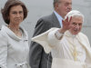 Pope Benedict XVI walks with Spain's King Juan Carlos and Queen Sofia upon his arrival at Madrid Barajas airport, Thursday, Aug. 18, 2011. The Pontiff arrived in the Spanish capital of Madrid for a four-day visit on the occasion of the Catholic Church's World Youth Day. (AP Photo/Gregorio Borgia)