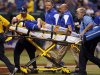 Toronto Blue Jays starting pitcher J.A. Happ is taken off the field on a stretcher after being hit with a line drive off the bat of Tampa Bay Rays' Desmond Jennings during the second inning of a baseball game Tuesday, May 7, 2013, in St. Petersburg, Fla. (AP Photo/Mike Carlson)
