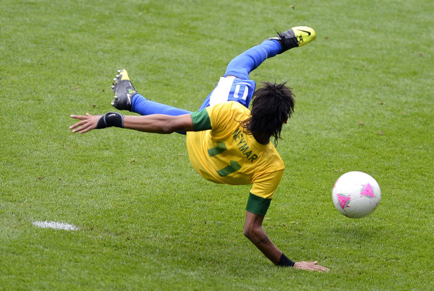 Neymar of Brazil misses kicking a shot during their men's first round Group C preliminary soccer match against New Zealand at the London 2012 Olympic Games at St James' Park in Newcastle