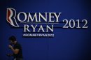 Romney-Ryan campaign sign is displayed inside of the Tampa Bay Times Forum at the Republican National Convention in Tampa, Fla., on Sunday, Aug. 26, 2012. (AP Photo/Jae C. Hong)