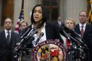 Marilyn Mosby, Baltimore state's attorney, speaks during a media availability, Friday, May 1, 2015 in Baltimore. Mosby announced criminal charges against all six officers suspended after Freddie Gray suffered a fatal spinal injury while in police custody. (AP Photo/Alex Brandon)