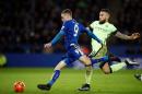 Leicester City's striker Jamie Vardy prepares to shoot as Manchester City's defender Nicolas Otamendi (R) closes in during the English Premier League football match in Leicester, central England on December 29, 2015