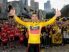 Cadel Evans, the winner of the Tour de France 2011, celebrates his achievement of becoming the first Australian to win the most prestigious event in cycling with local fans at Federation Square in Melbourne, Australia, Friday, Aug. 12, 2011. (AP Photo/Mal Fairclough, Pool)