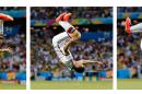 This combination of photos shows Germany's Miroslav Klose flipping to celebrate after scoring his side's second goal during the group G World Cup soccer match between Germany and Ghana at the Arena Castelao in Fortaleza, Brazil, Saturday, June 21, 2014. (AP Photo/Frank Augstein)