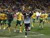 South Africa's soccer players celebrate after their 2012 African Nations Cup Group G qualifying soccer match against Sierra Leone in Nelspruit