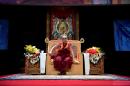 The Dalai Lama gestures as he delivers a speech during a group hearing at the Palais des Congres, on September 13, 2016 in Paris, during his first visit to France in five years