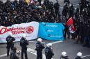 Protesters try to block access to the party congress of right-wing populist party "Alternative Fuer Deutschland" (Alternative for Germany) in Stuttgart on April 30, 2016