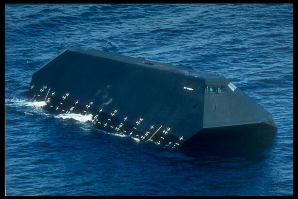Sea Shadow test craft built (by Lockheed) as limited mobility platform to explore advanced technologies for surface ships, in 1st daylight test off coast of southern CA.  (Photo by Time Life Pictures/