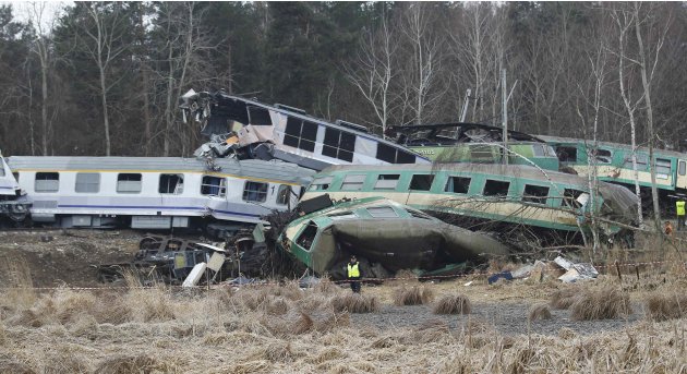 Picture shows the site of trains crash near the town of Szczechociny