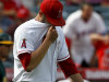 Los Angeles Angels relief pitcher Jordan Walden reacts after giving up the tying run against the Oakland Athletics during the ninth inning of a baseball game in Anaheim, Calif., Sunday, Sept. 25, 2011. (AP Photo/Chris Carlson)