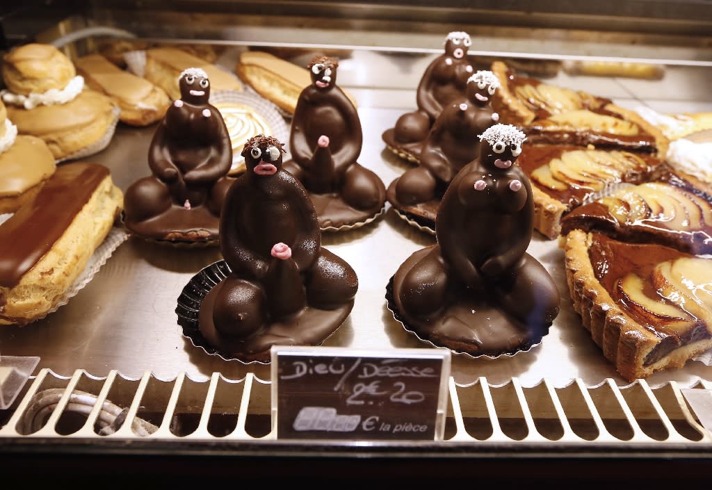 "God" and "Goddess" cakes are displayed for sale at  "La belle epoque" bakery in Grasse in March