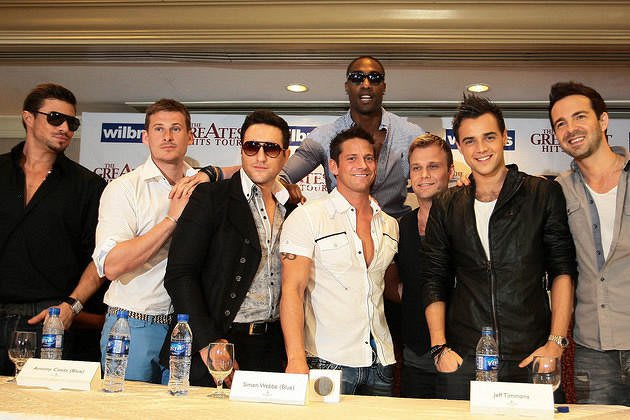 Duncan James, Lee Ryan, Antony Costa, and Simon Webbe (back) of Blue, Jeff Timmons of 98 Degrees, and Christian Ingebrigsten, Ben Adams, and Mark Read of A1 during their press conference held at te Edsa Shangri-La Hotel in Mandaluyong City, Metro Manila on 24 February 2012 (Voltaire Domingo/NPPA Images)