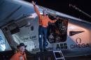 Swiss pilot Bertrand Piccard waving as he boards the experimental solar-powered aircraft Solar Impulse 2 prior to taking off from Phoenix, Arizona, en route to Oklahoma on May 12, 2016