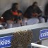 San Francisco Giants players sit in the dugout as a swarm of bees rest on the fence during the second inning of a spring training baseball game against the Arizona Diamondbacks, Sunday, March 4, 2012, in Scottsdale, Ariz.  The game was delayed for 41 minutes because of a swarm of bees. (AP Photo/Darron Cummings)