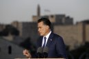 Republican presidential candidate and former Massachusetts Gov. Mitt Romney delivers a specch in Jerusalem, Sunday, July 29, 2012. (AP Photo/Charles Dharapak)
