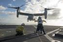 On July 9, 2014 sailors direct on the USS Rushmore an MV-22 Osprey, the type of aircraft Corporal Jordan Spears was flying before being forced to jump into the sea