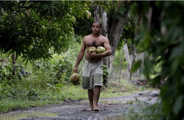 In this photo taken Wednesday Aug. 24, 2011,  Yoandri Hernandez Garrido, 37, known as "Twenty-Four," walks with coconuts in Baracoa, Guantanamo province, Cuba. Hernandez is proud of his extra digits a