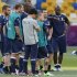 Italy's Mario Balotelli, right, stands alongside teammate Antonio Cassano during a training session ahead of Sunday's Euro 2012 soccer championship final  between Spain and Italy in Kiev, Ukraine, Saturday, June 30, 2012. (AP Photo/Jon Super)