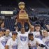 Connecticut's Tiffany Hayes, center and her teammates hold up the Big East women's tournament championship trophy after their 63-54 win over Notre Dame in an NCAA college basketball game in Hartford, Conn., Tuesday, March 6, 2012. (AP Photo/Jessica Hill)