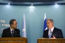 Israeli Prime Minister Benjamin Netanyahu, right, speaks during a press conference with United Nations Secretary-General Ban Ki-moon at the Prime Minister's office in Jerusalem, Tuesday, Oct. 20, 2015. Netanyahu says Palestinian President Mahmoud Abbas is "fanning the flames" of recent violence. Ban is in the region calling for calm in an attempt to curb weeks of violence that has killed 10 Israelis, 43 Palestinians and an Eritrean migrant worker. (AP Photo/Sebastian Scheiner)